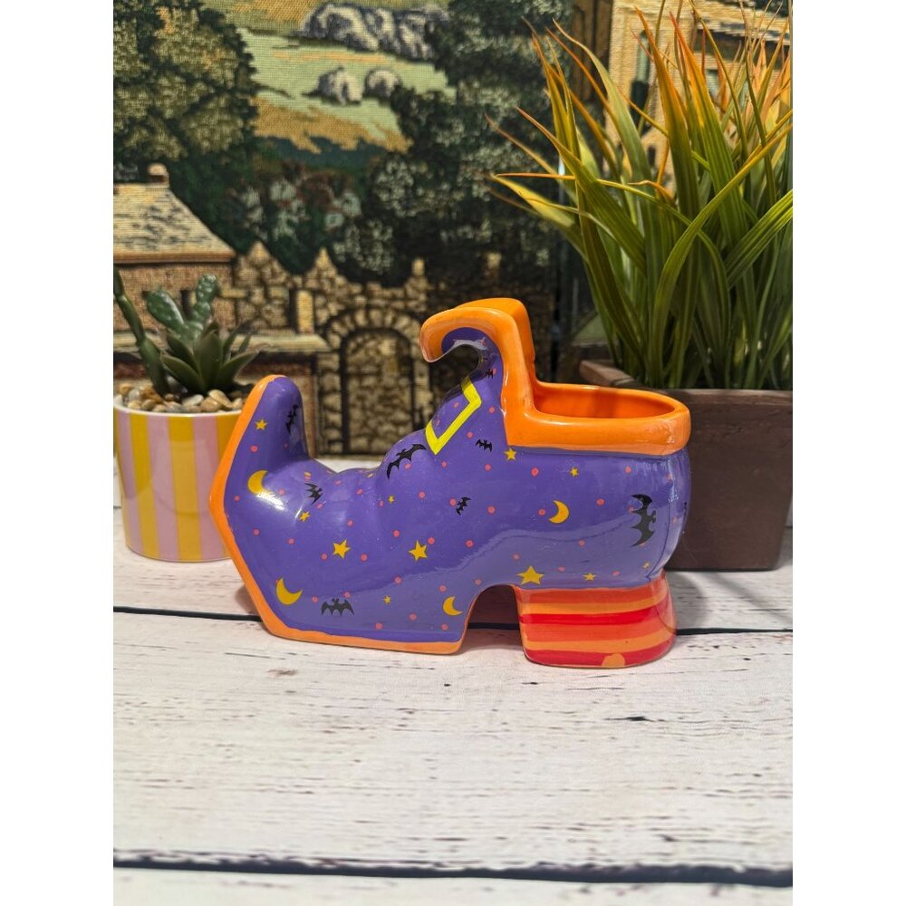 Ceramic Halloween Witch Boot Planter/Vase Purple & Orange